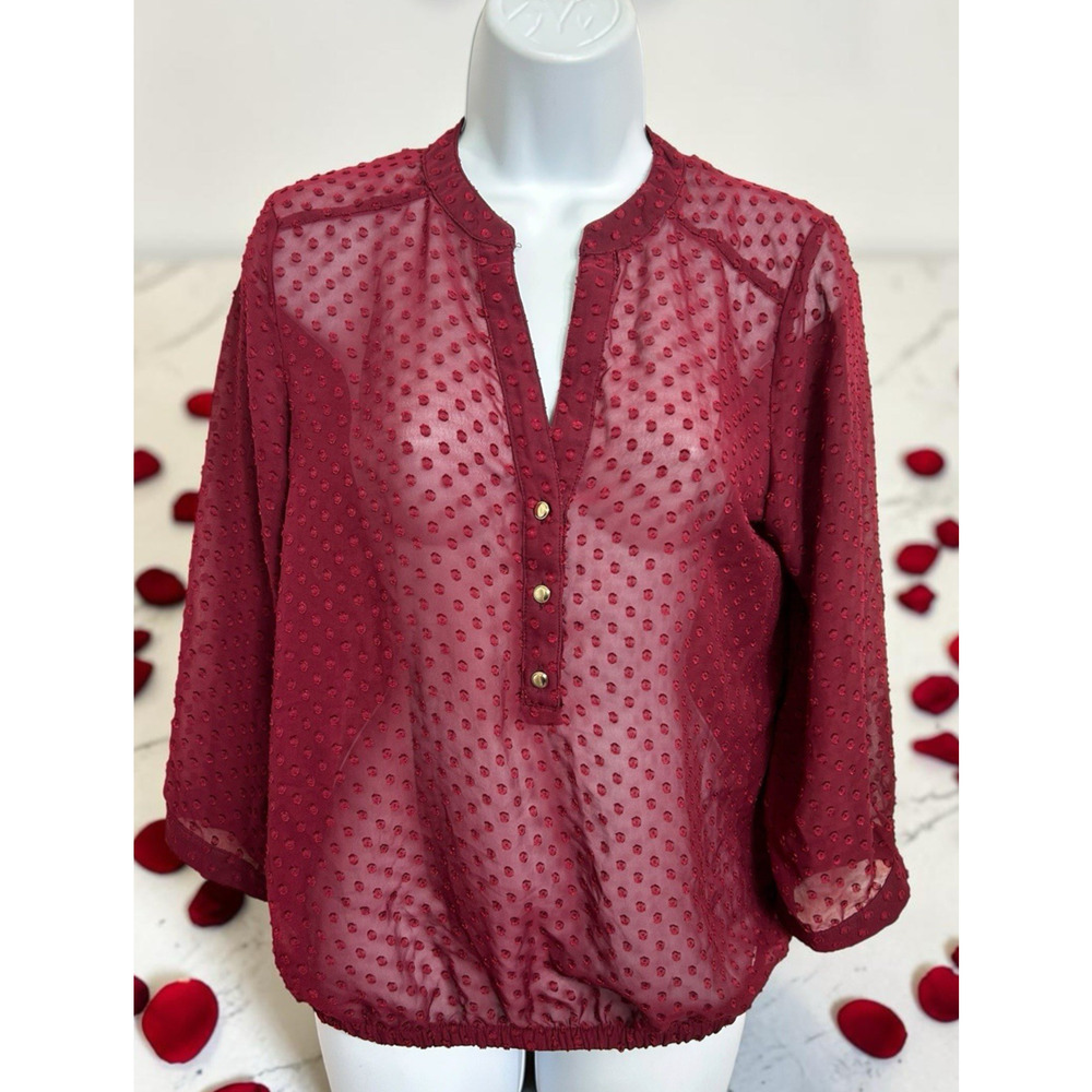 The Limited Burgundy Semi Sheer Blouse Sz Small 3/4 Sleeves Polka Dot Textured